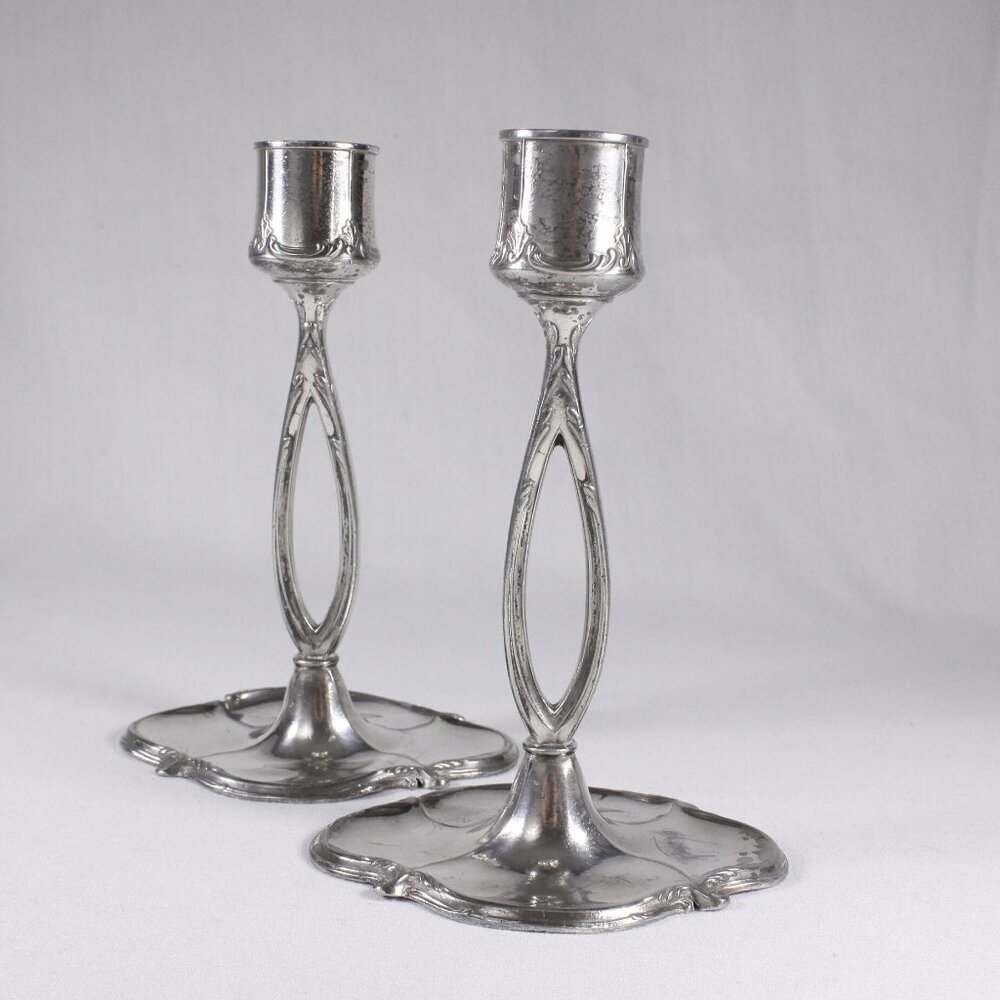 Antique Jugendstil WMF candlestick holders set of 2, vintage distressed Oxidized